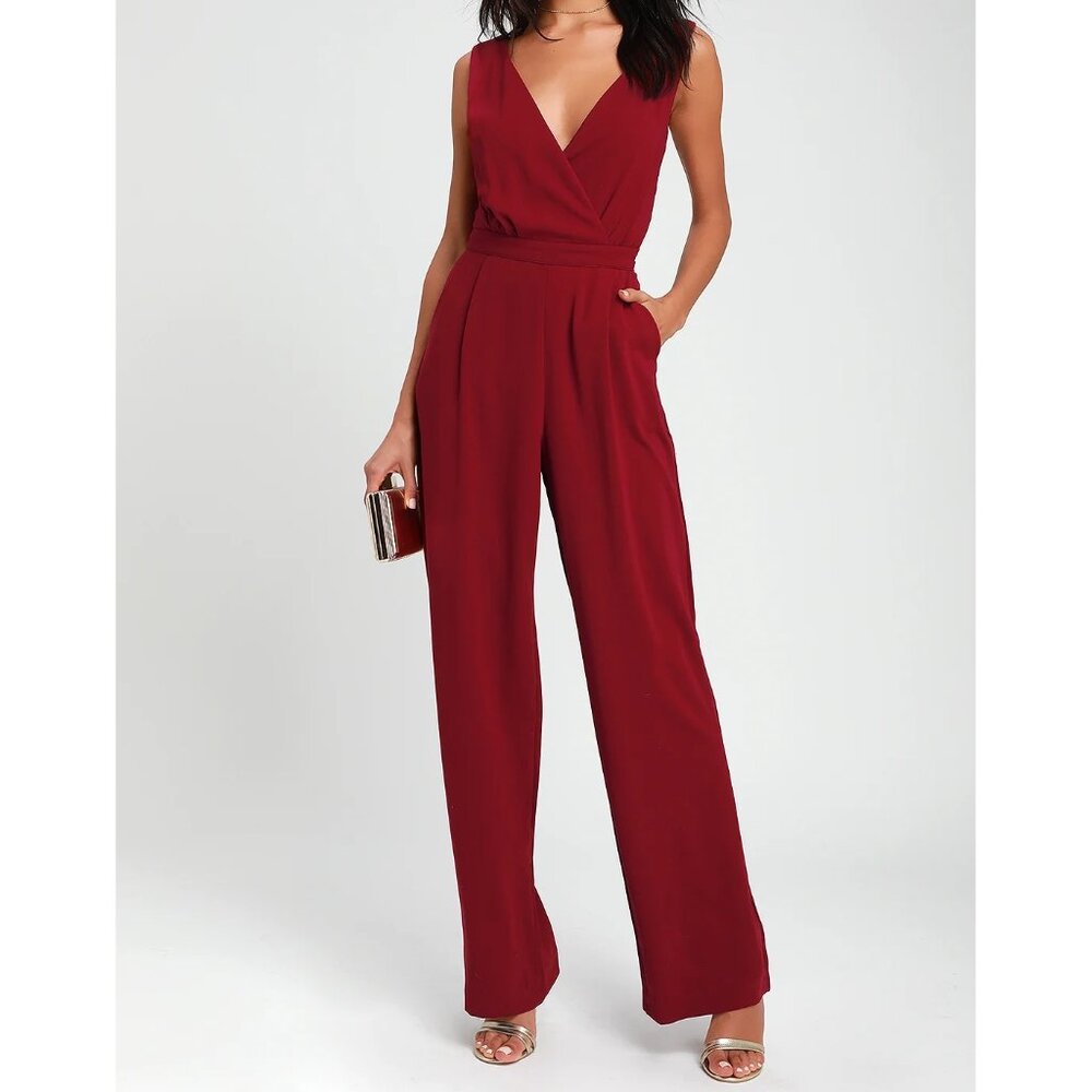 LULUS (XL) Burgundy Kiska Jumpsuit Dressy Red Lace V-Neck Surplice Sleeveless